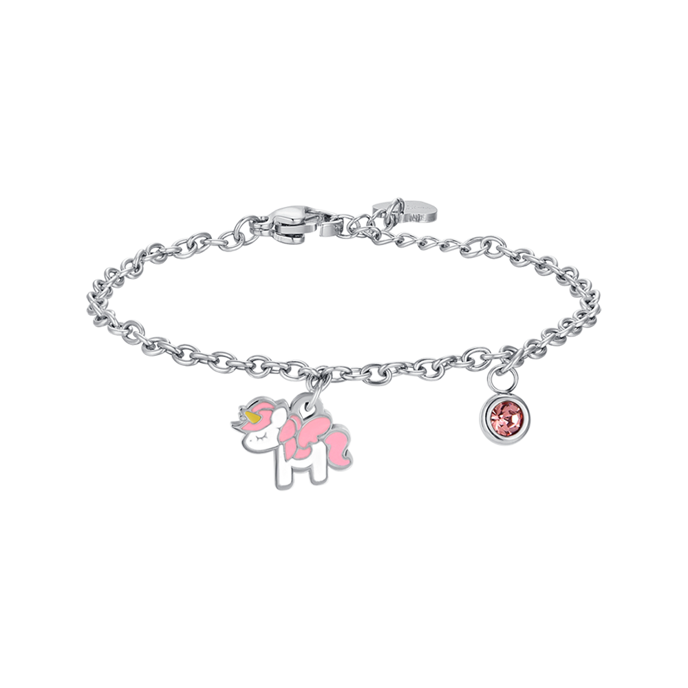 STEEL UNICORN GIRL BRACELET WITH PINK AND WHITE ENAMEL AND CRYSTAL