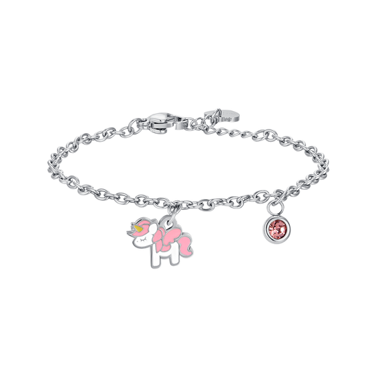 STEEL UNICORN GIRL BRACELET WITH PINK AND WHITE ENAMEL AND CRYSTAL