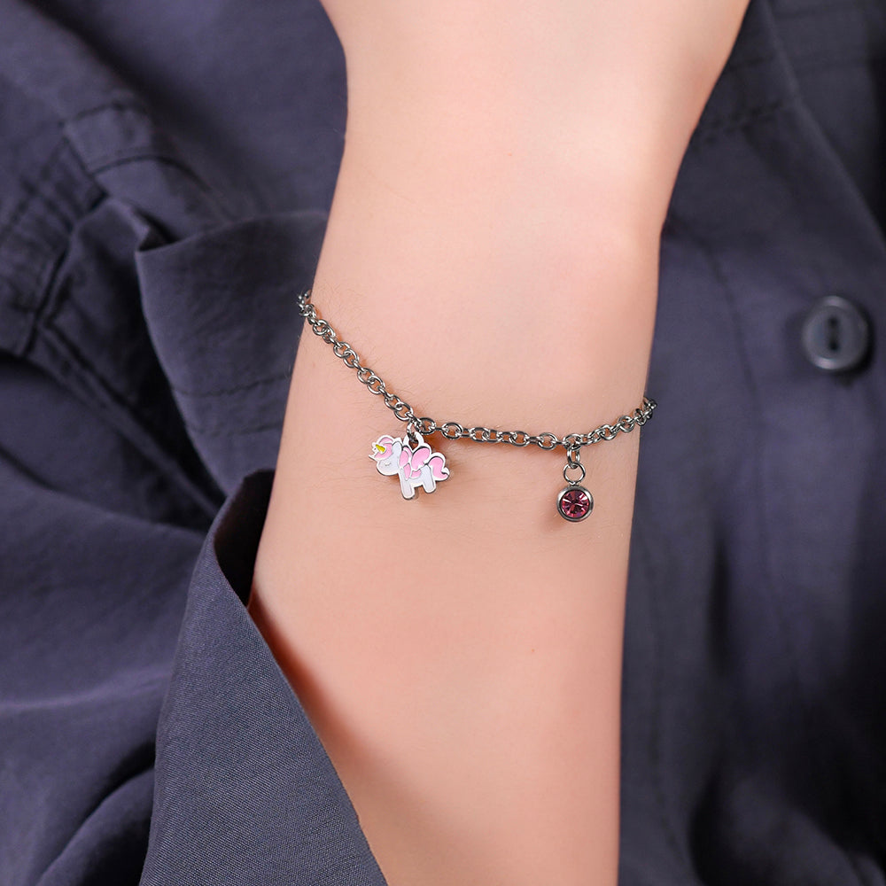 STEEL UNICORN GIRL BRACELET WITH PINK AND WHITE ENAMEL AND CRYSTAL