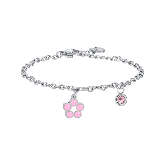 STEEL FLOWER GIRL BRACELET WITH PINK AND WHITE ENAMEL AND CRYSTAL