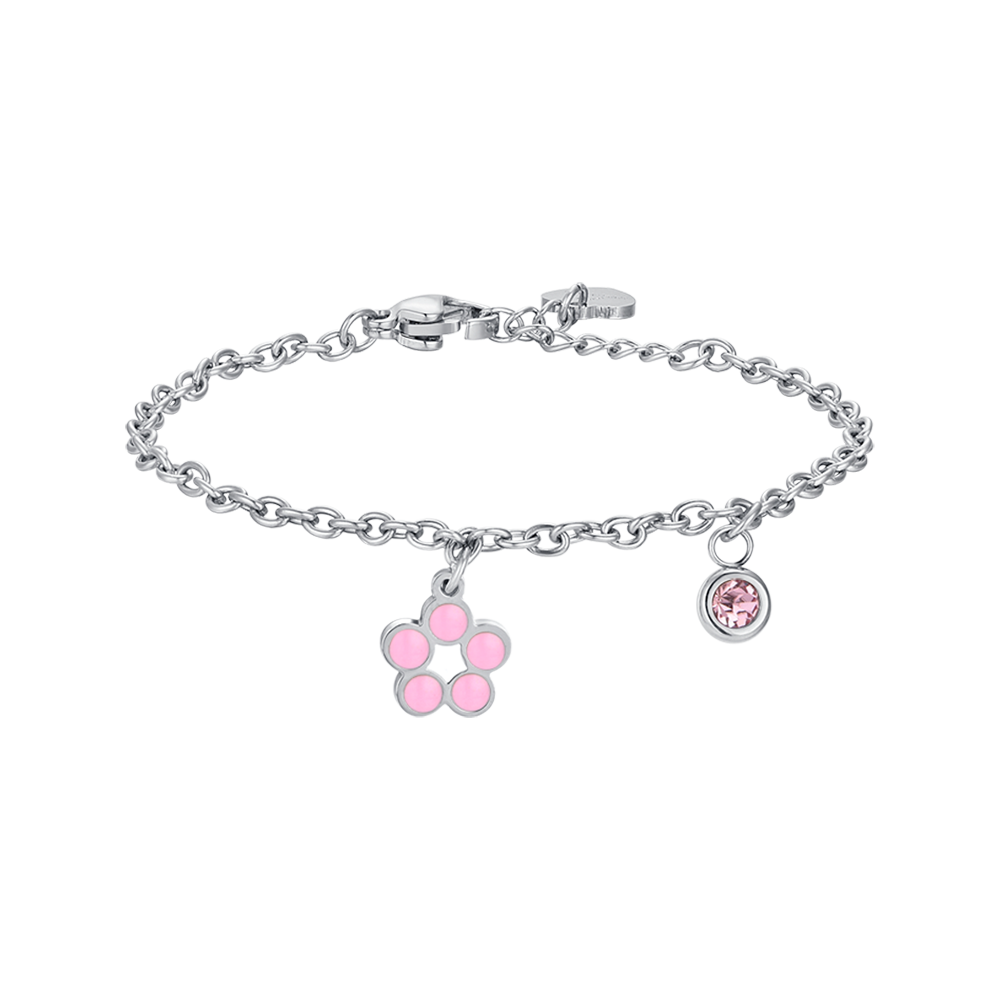 STEEL FLOWER GIRL BRACELET WITH PINK AND WHITE ENAMEL AND CRYSTAL