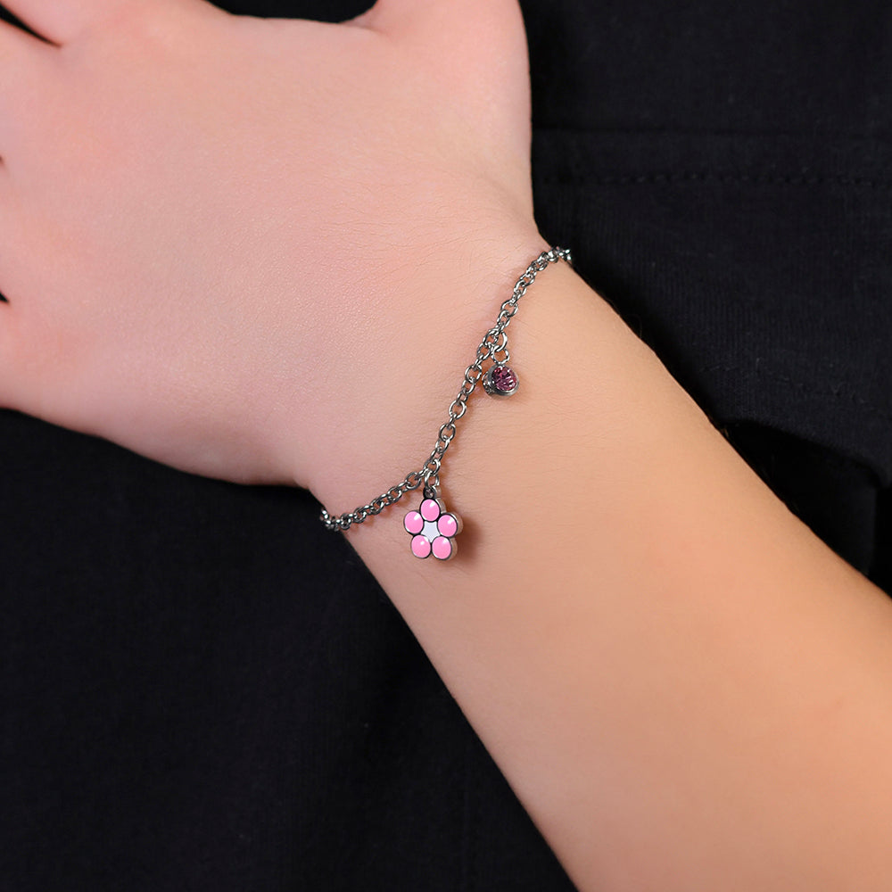 STEEL FLOWER GIRL BRACELET WITH PINK AND WHITE ENAMEL AND CRYSTAL