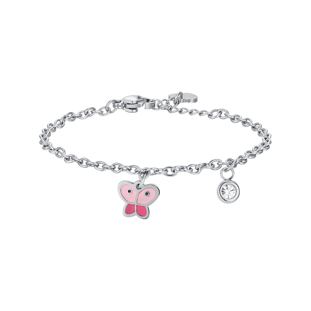 BABY BRACELET IN STEEL WITH BUTTERFLY WITH PINK ENAMEL AND WHITE CRYSTAL Luca Barra