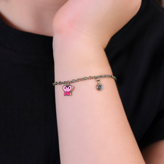 STEEL GIRL BRACELET WITH BUTTERFLY WITH PINK ENAMEL AND WHITE CRYSTAL