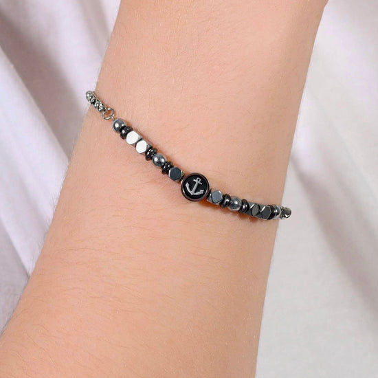 STEEL BABY BRACELET WITH GRAY HEMATITE AND ANCHOR