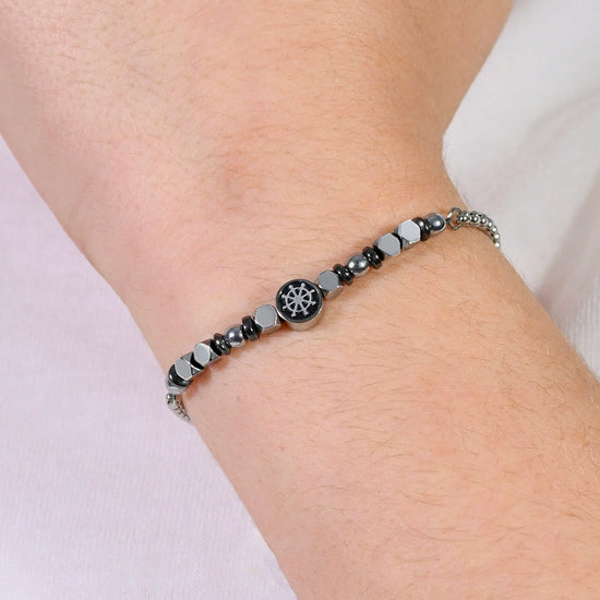 STEEL BABY BRACELET WITH GRAY HEMATITE AND RUDDER