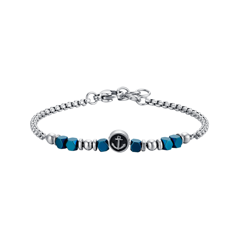 STEEL BABY BRACELET WITH BLUE HEMATITE AND ANCHOR