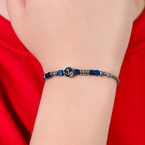 STEEL BABY BRACELET WITH BLUE HEMATITE AND ANCHOR