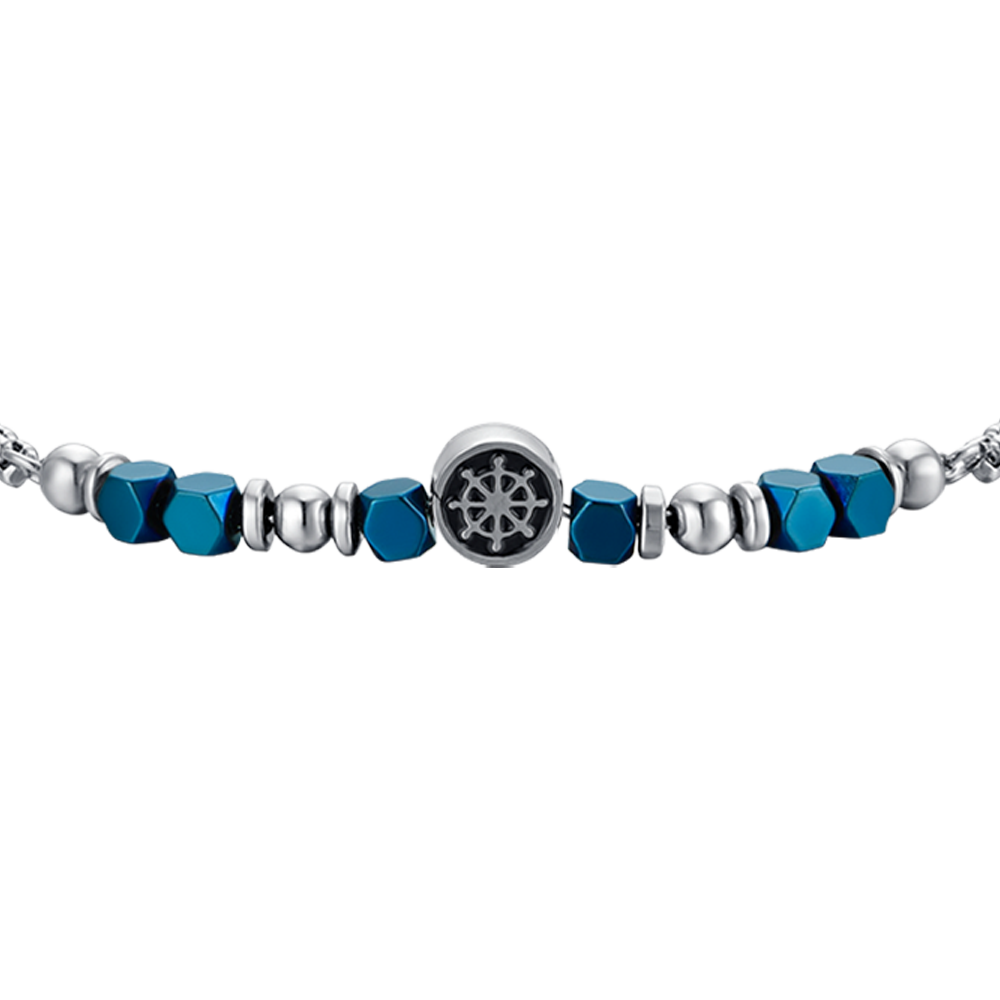 STEEL BABY BRACELET WITH BLUE HEMATITE AND RUDDER