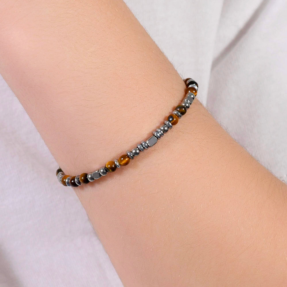 STEEL BABY BRACELET WITH TIGER EYE AND GRAY STONES