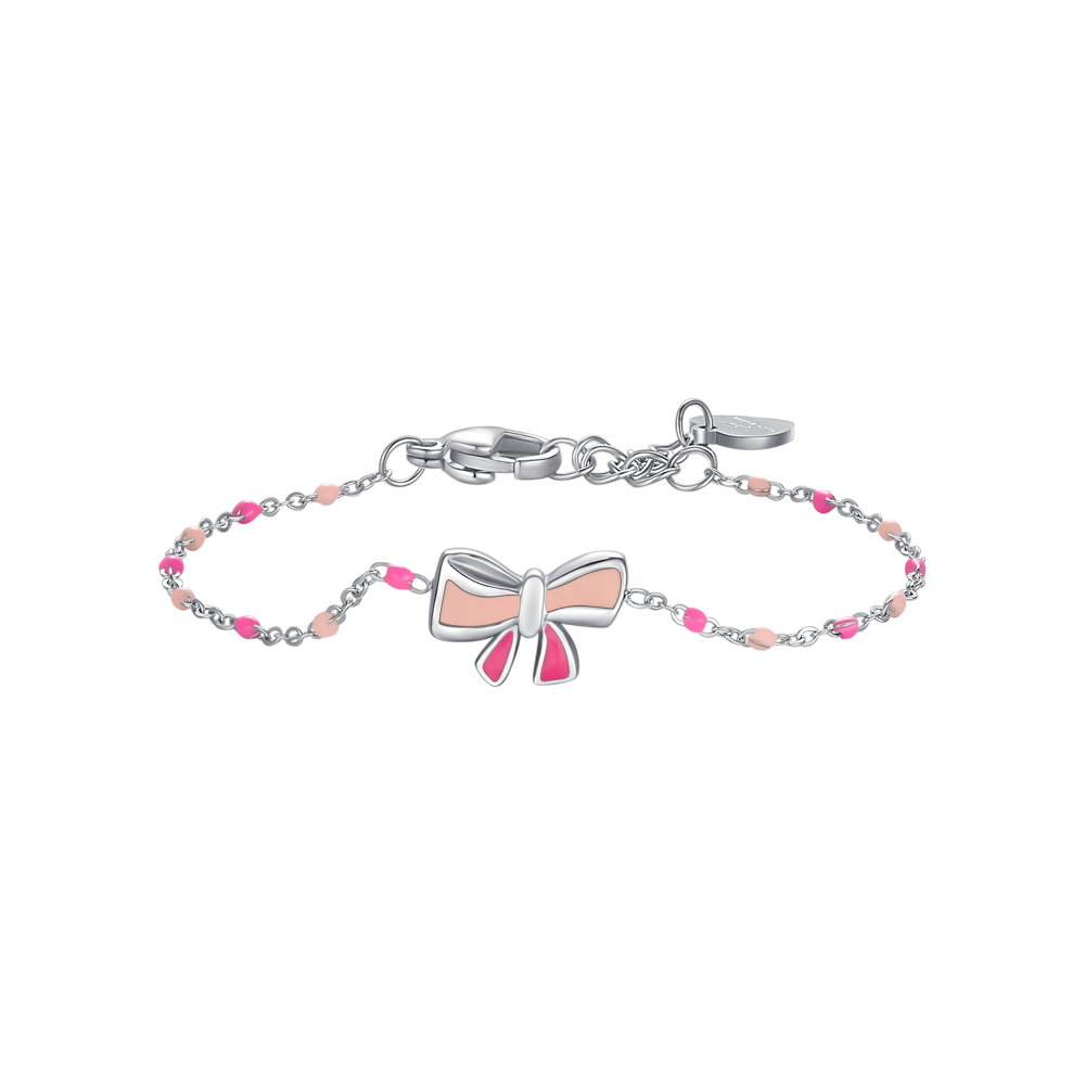 BRACCIALE IN ACCIAO, FIOCCO CON SMALTO ROSA E FUCSIA E PIETRE COLORATE