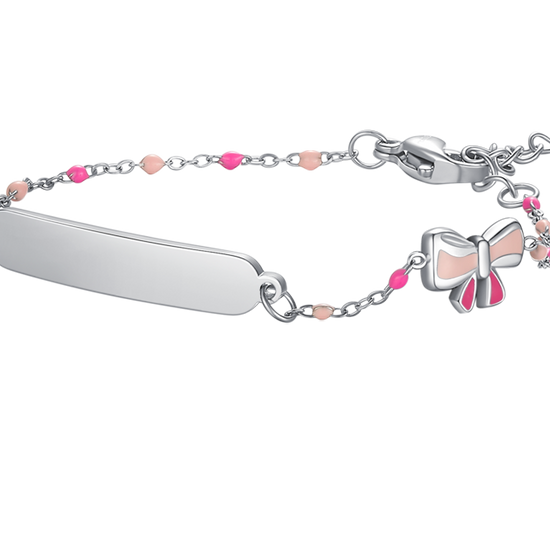 BRACCIALE IN ACCIAIO, PIASTRA E FIOCCO CON SMALTO ROSA E FUSCIA E PIETRE COLORAT