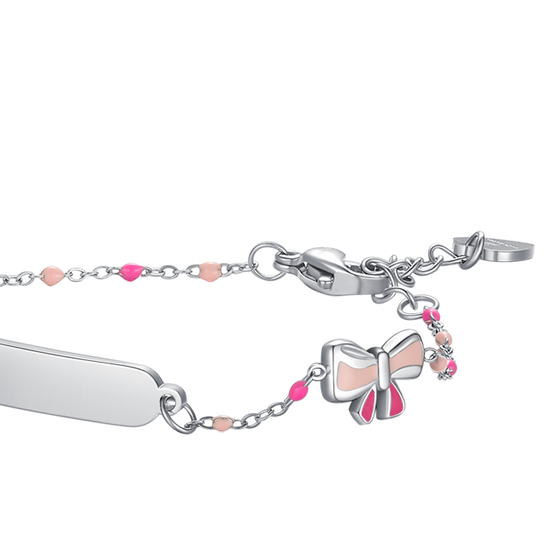 BRACCIALE IN ACCIAIO, PIASTRA E FIOCCO CON SMALTO ROSA E FUSCIA E PIETRE COLORAT