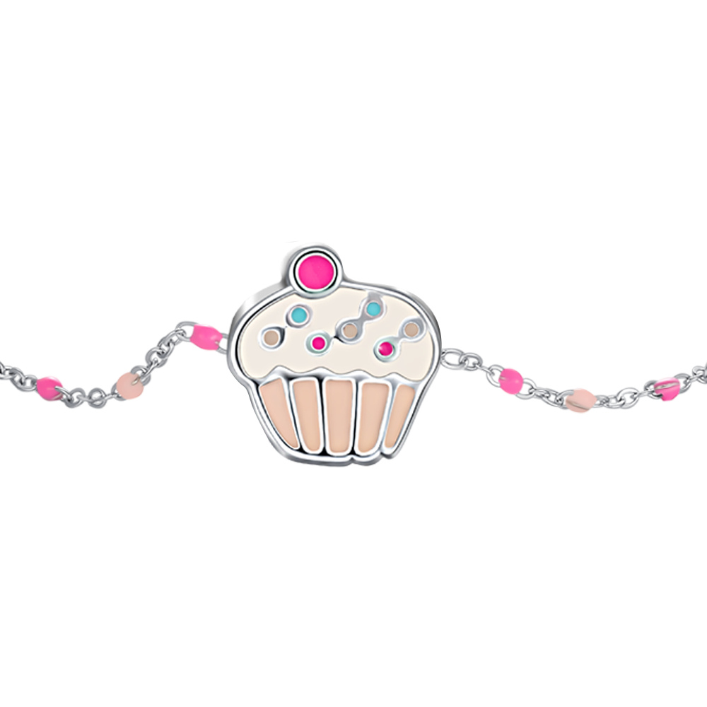 BRACCIALE IN ACCIAIO, CUPCAKE CON SMALTO ROSA E FUCSIA E PIETRE COLORATE