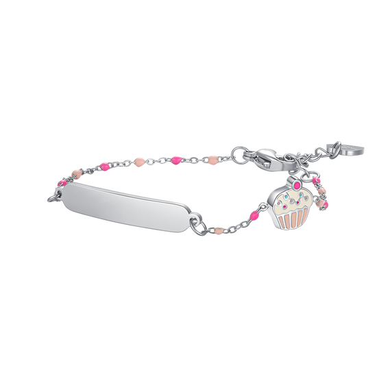 BRACCIALE IN ACCIAO, PIASTRA CON SMALTO ROSA E FUCSIA E PIETRE COLORATE