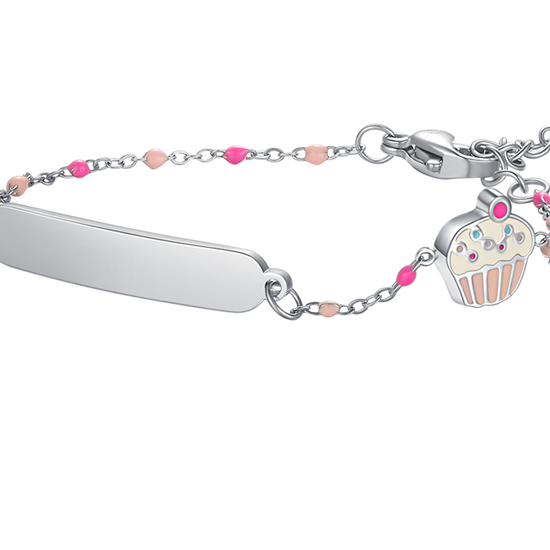 BRACCIALE IN ACCIAO, PIASTRA CON SMALTO ROSA E FUCSIA E PIETRE COLORATE