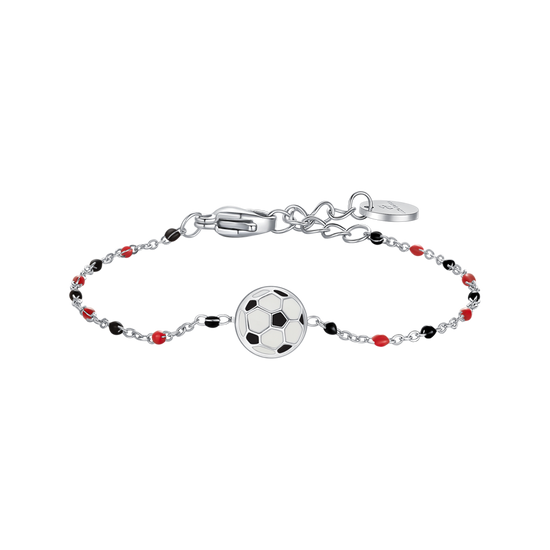 BRACCIALE IN ACCIAIO CON PALLONE E PIETRE NERE E ROSSE