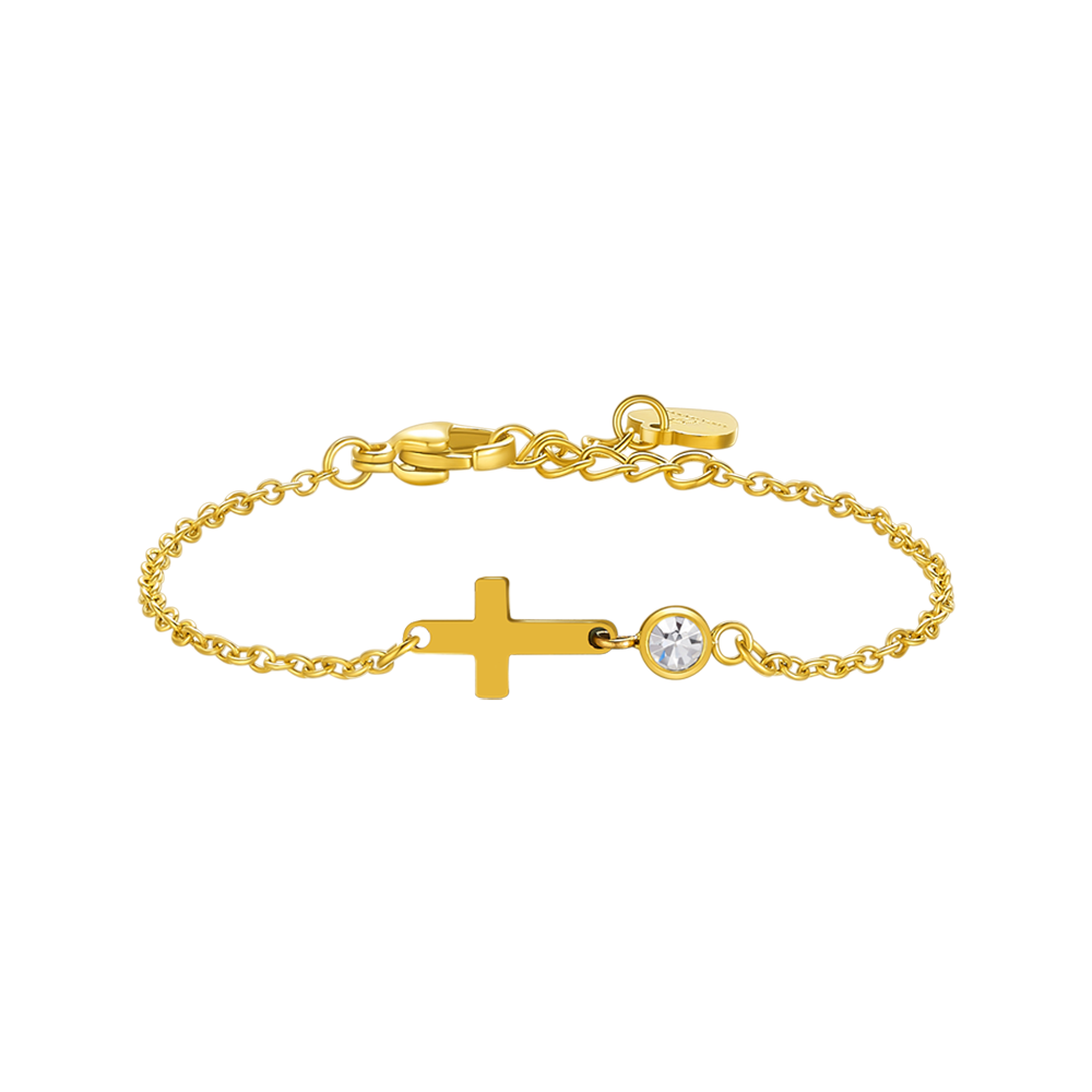 BRACCIALE IN ACCIAIO E  IP GOLD CON CROCE E CRISTALLO BIANCO