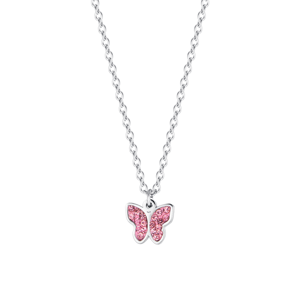 CHILD'S NECKLACE IN STEEL WITH BUTTERFLY AND PINK CRYSTALS Luca Barra