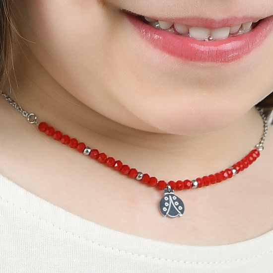 STEEL GIRL NECKLACE WITH RED STONES AND LADYBUG