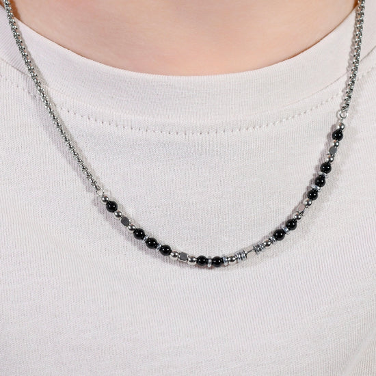 STEEL BABY NECKLACE WITH BLACK AND GRAY STONES