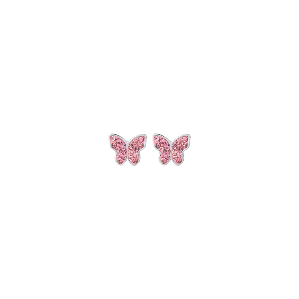 GIRL STEEL EARRINGS WITH BUTTERFLY AND PINK CRYSTALS