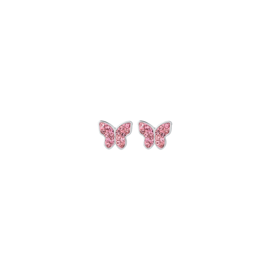 GIRL STEEL EARRINGS WITH BUTTERFLY AND PINK CRYSTALS