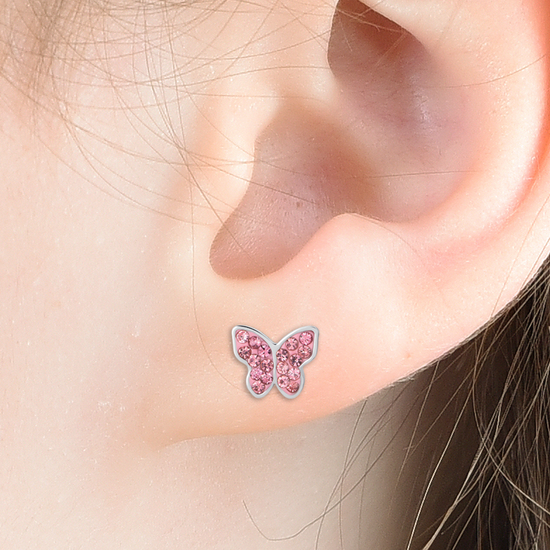 GIRL STEEL EARRINGS WITH BUTTERFLY AND PINK CRYSTALS