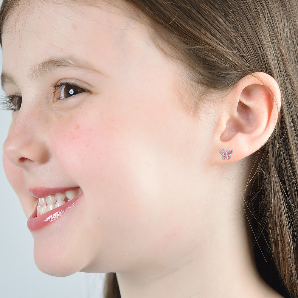 GIRL STEEL EARRINGS WITH BUTTERFLY AND PINK CRYSTALS