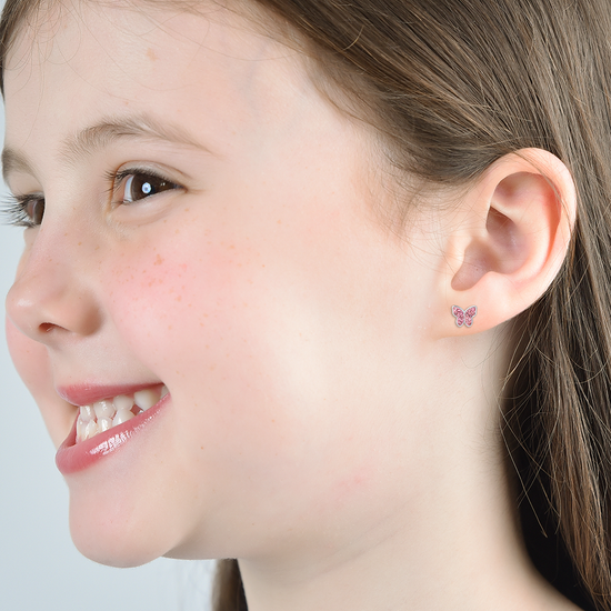 GIRL STEEL EARRINGS WITH BUTTERFLY AND PINK CRYSTALS