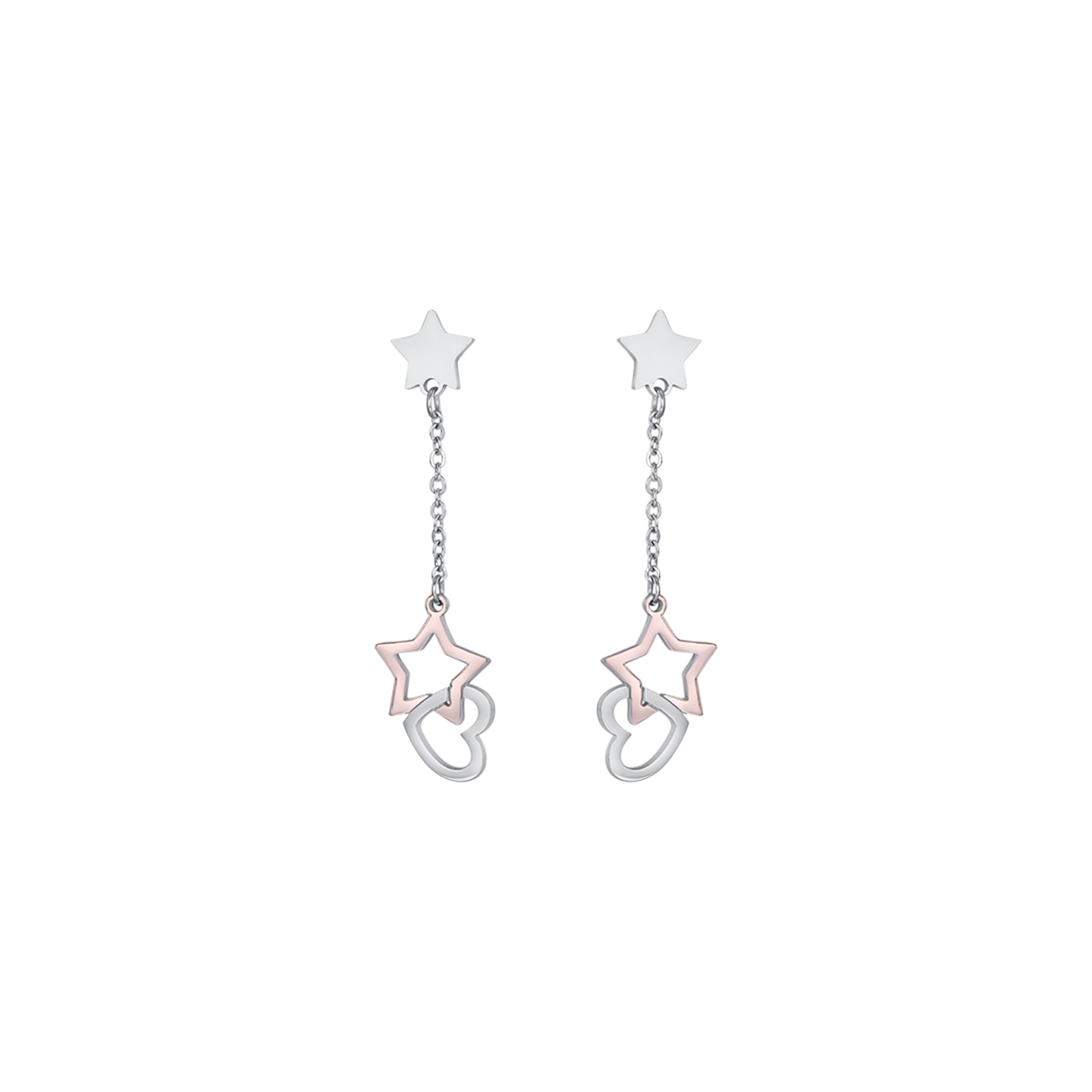 STEEL HEARTS AND STAR IP ROSE EARRINGS