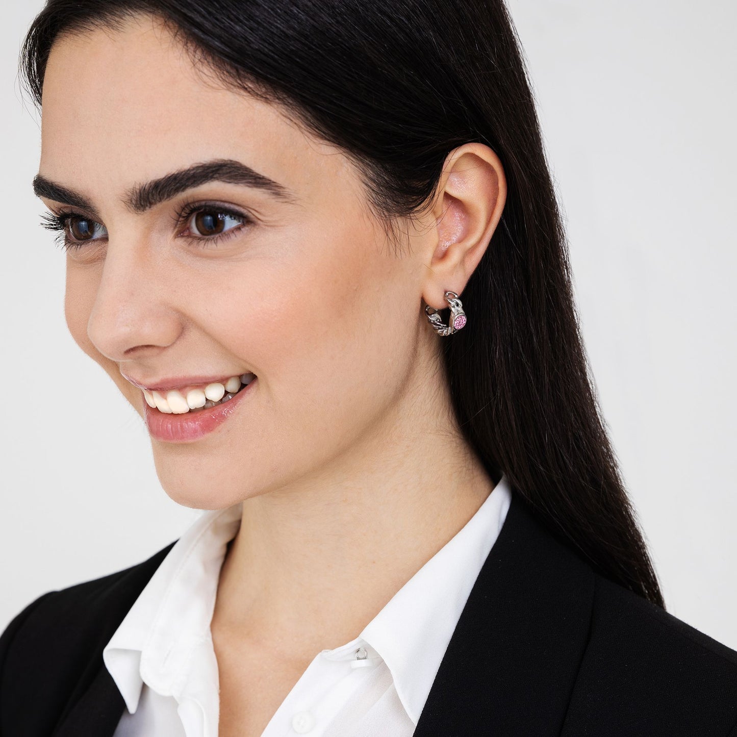 WOMEN'S STEEL EARRINGS WITH PINK CRYSTALS