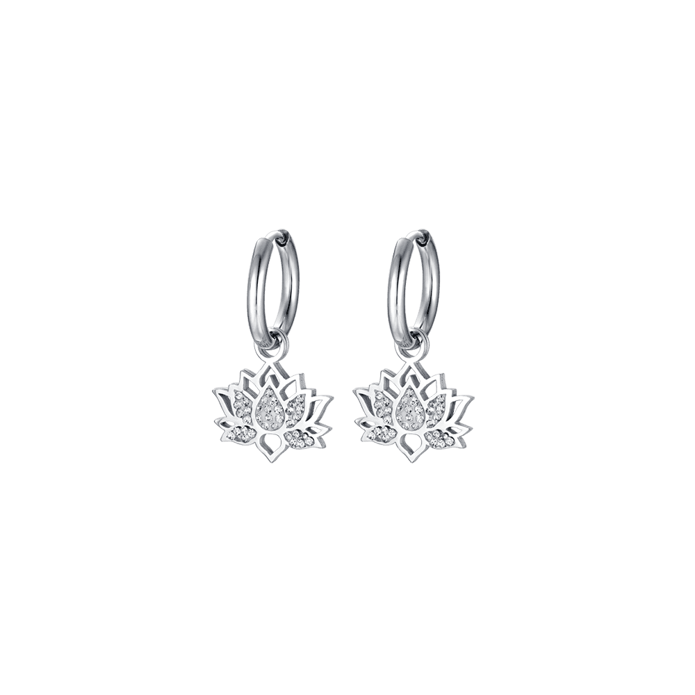 WOMEN'S STEEL LOTUS FLOWER EARRINGS WITH WHITE CRYSTALS