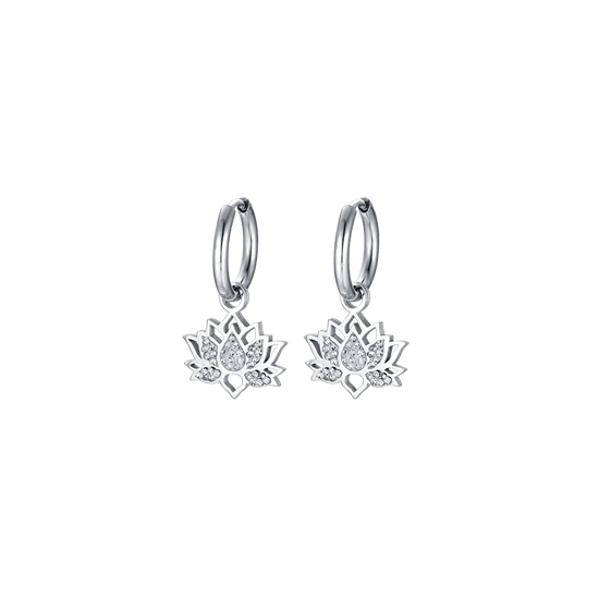 WOMEN'S STEEL LOTUS FLOWER EARRINGS WITH WHITE CRYSTALS