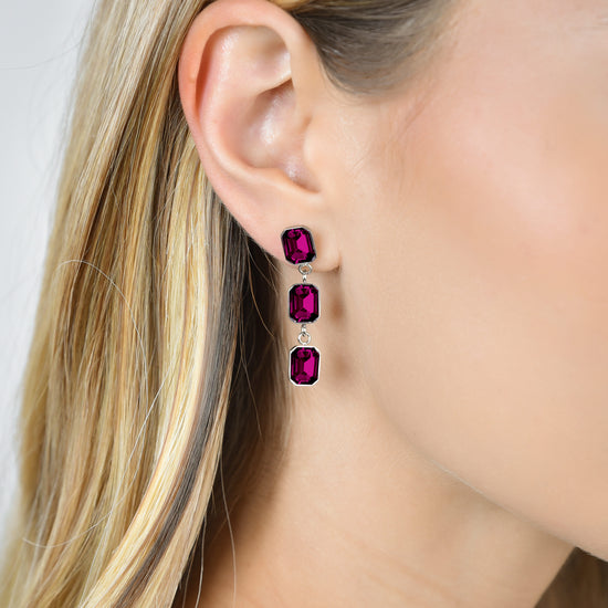 WOMEN'S STEEL EARRINGS WITH FUCHSIA CRYSTALS