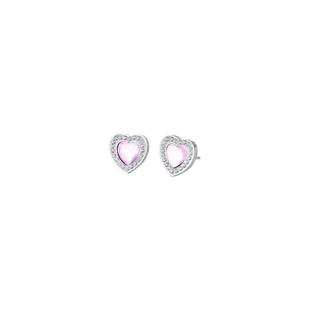 WOMEN'S STEEL EARRINGS PINK CRYSTAL HEARTS AND WHITE CRYSTALS