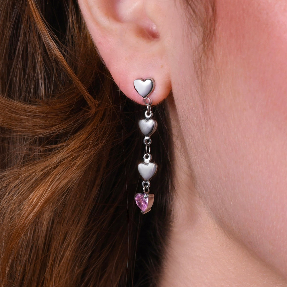 ORECCHINI DONNA IN ACCIAIO CON CUORI E ZIRCONE ROSA