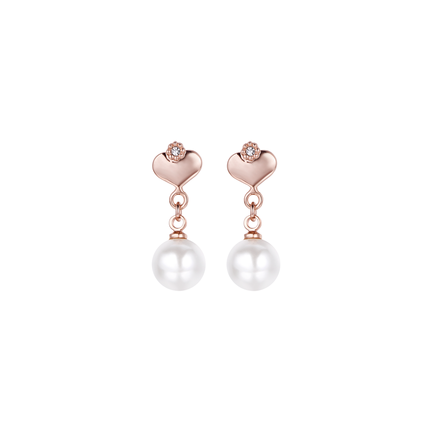 ROSE' METAL EARRINGS WITH WHITE SYNTHETIC PEARLS AND HEARTS WITH CRYSTALS