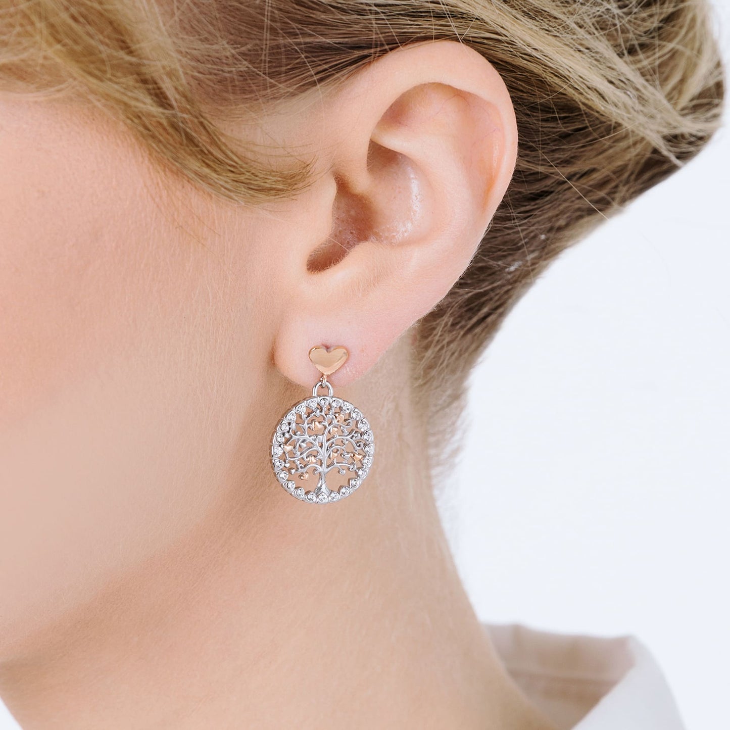 WOMEN'S STEEL TREE OF LIFE EARRINGS WITH WHITE CRYSTALS AND IP RO HEARTS