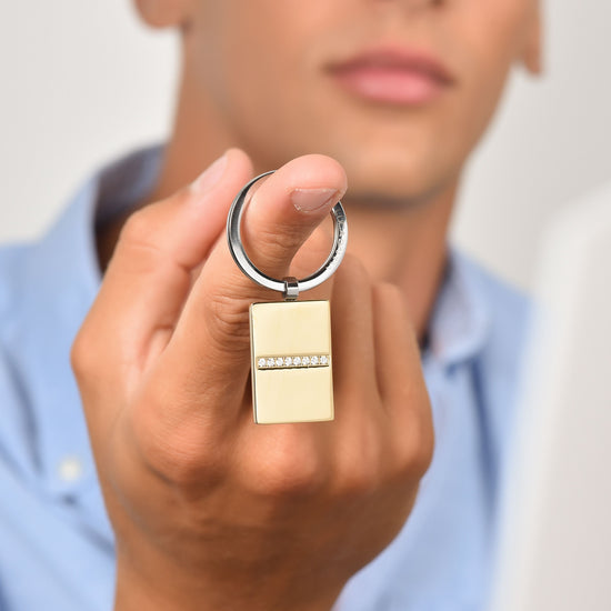 STEEL MEN'S KEYCHAIN WITH IP GOLD PLATE AND WHITE CRYSTALS