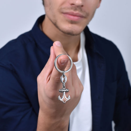 MAN'S KEYRING IN STEEL ANCHOR AND ROSE OF THE WINDS Luca Barra